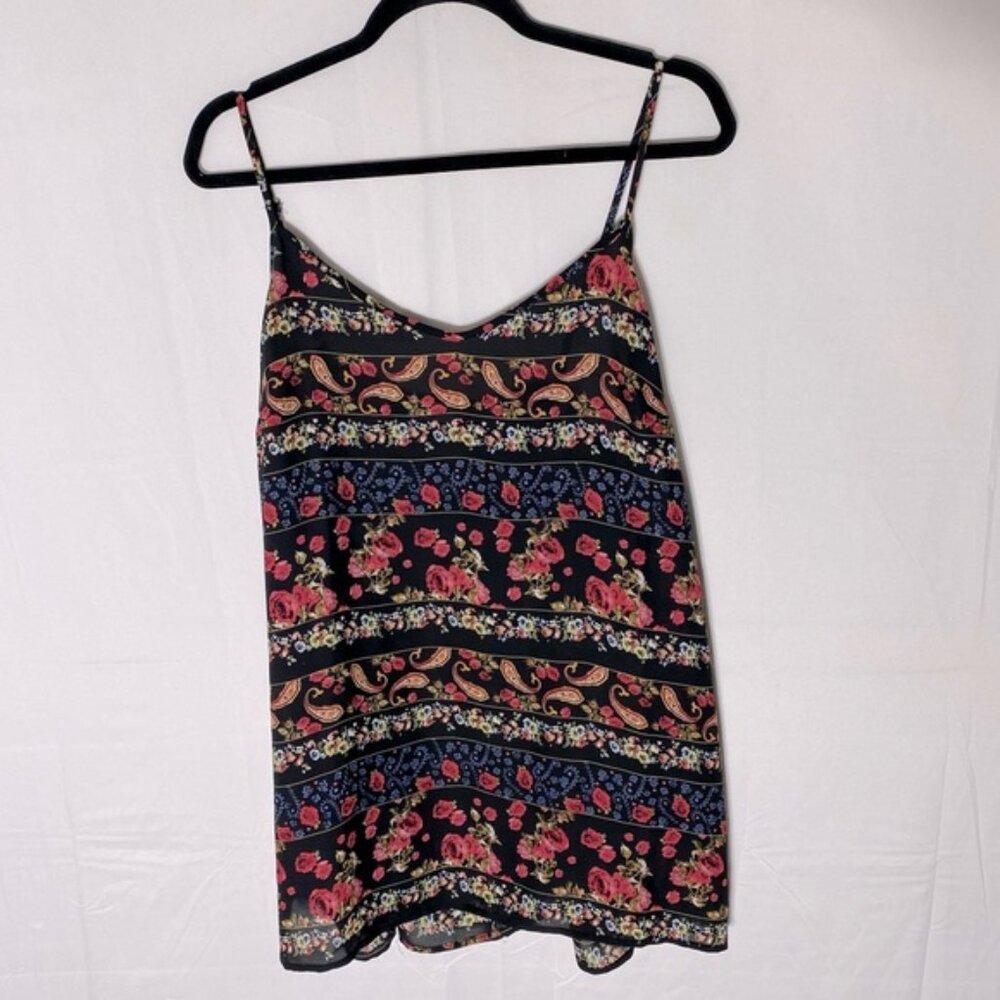 5/$25 Thyme Black Red Multi Floral Front Striped Tank Top Blouse L